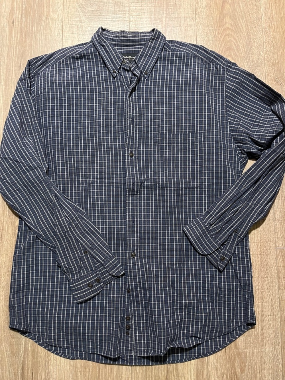 Eddie Bauer Men’s Navy Blue Windowpane Plaid Shirt Size L Tall